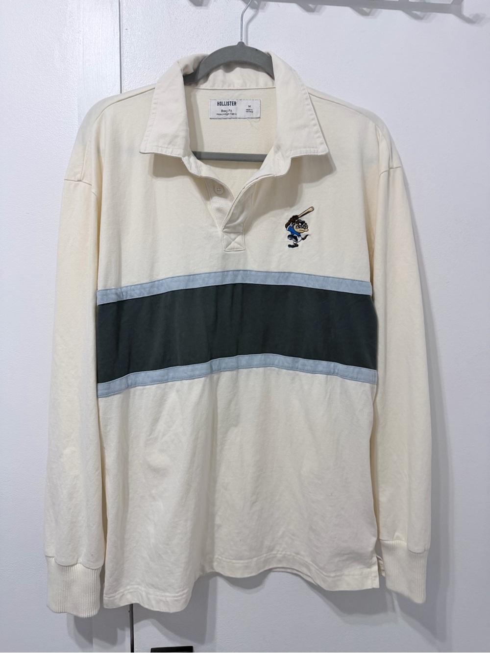 Hollister Men's Cream Rugby-Style Long Sleeve with Dark Green Stripe